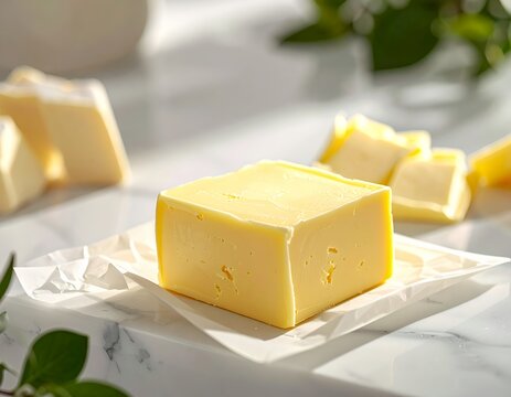 Delicious Cheddar Cheese Cube on White Paper.