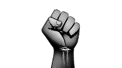 Powerful raised clenched fist symbol of protest and strength in black and white halftone pop art illustration
