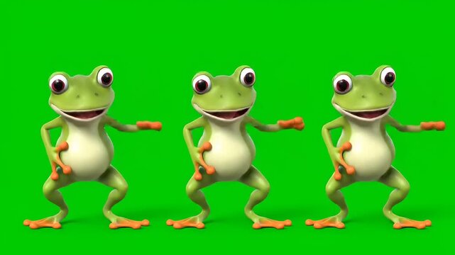 Three Cute cartoon frogs dancing and grooving on a green screen background, perfect for children's content and animations