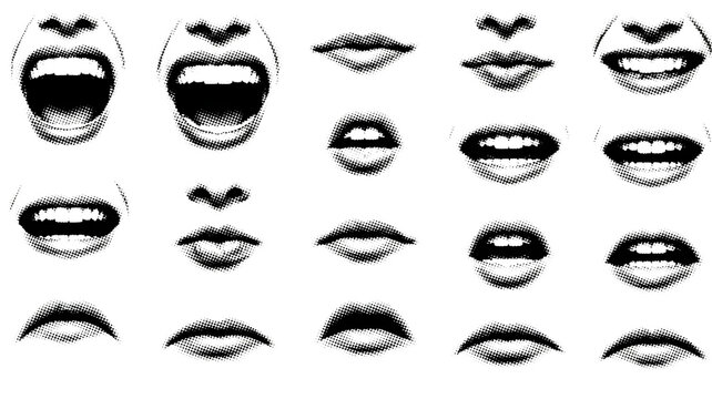Collection of expressive female mouths and lips in black and white halftone pop art style for creative design projects
