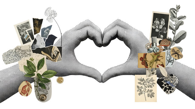Creative vintage collage featuring hands forming a heart shape with botanical elements and old photograph scraps