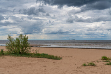 A deserted sandy beach on the Baltic Sea coast on a sunny summer day, Sestroretsk, Kurortny District, Saint Petersburg, Russia