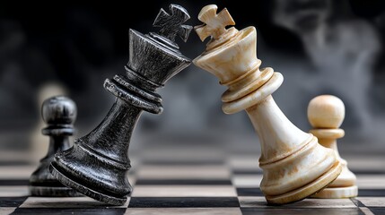 Intense chess match showcasing strategic moves with black and white pieces on a smoky playing field.
