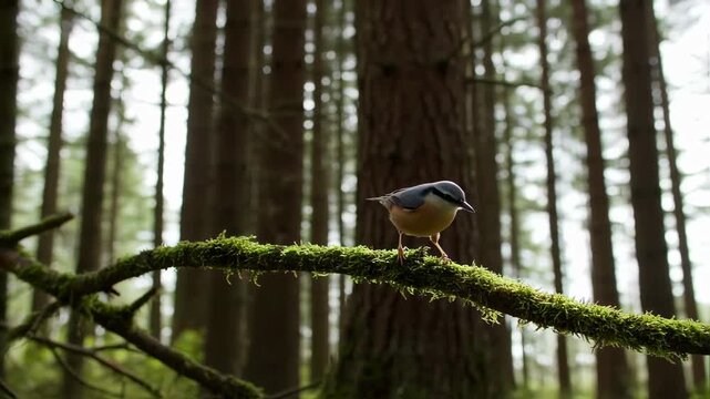 European nuthatch perched on a moss-covered branch in forest during daylight