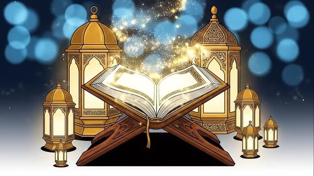 Holy Quran open on rehal surrounded by glowing Arabic lanterns