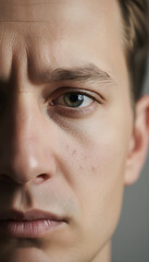 Obraz premium serious man close up, male portrait intense expression, confident adult male face, focused masculine look, strong character emotion, thoughtful human expression, realistic male detail, dramatic facial