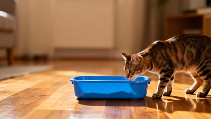 Cat eating from blue bowl on wooden floor