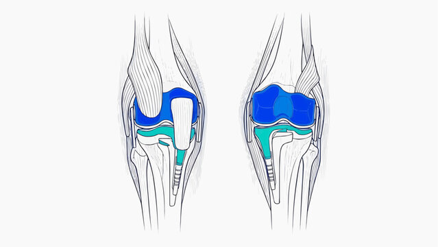 Detailed medical illustration of knee anatomy and joint comparison from a lateral viewpoint