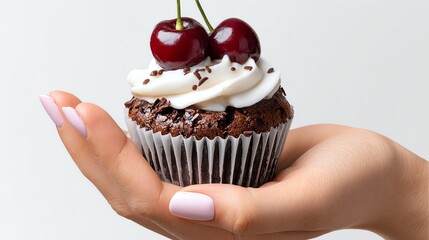 Delicious chocolate cupcake topped with cream and cherries, held delicately in a person's hand, perfect for dessert lovers.
