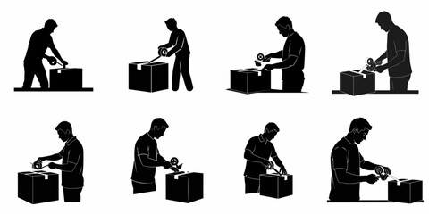 Set of vector silhouettes showing a person sealing and taping cardboard boxes for packaging or delivery process.