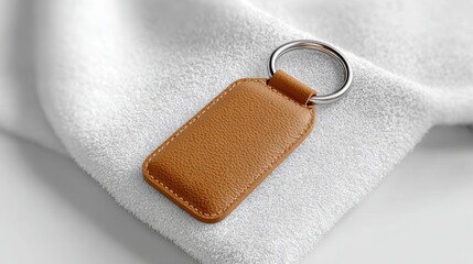3D leather keychain mockup on soft microfiber cloth, white backdrop