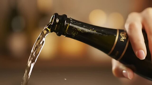 Close-up of a hand pouring bubbly champagne from a green bottle into a glass in a celebration setting
