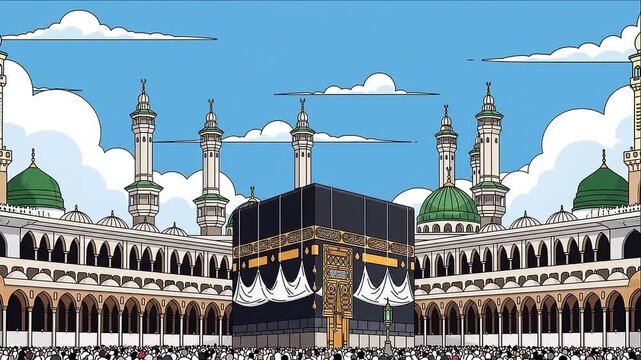 Kaaba and Grand Mosque Mecca Hajj Umrah Cartoon Illustration