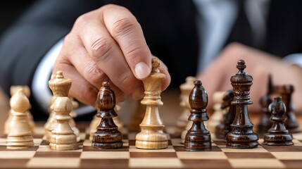 A focused hand moves a chess piece in a strategic game. Perfect for illustrating concentration and tactical thinking.