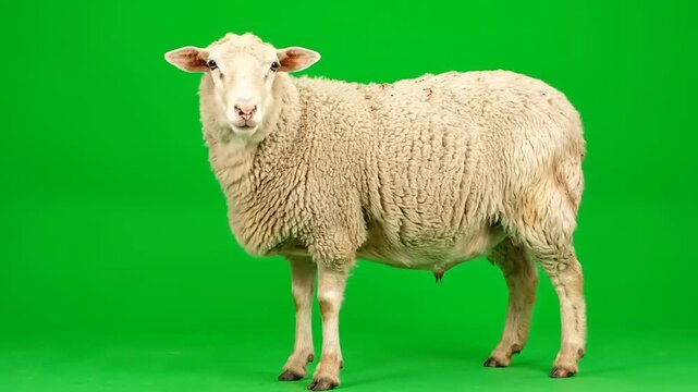 A fluffy, healthy domestic sheep stands calmly, fully isolated against a vibrant green screen backdrop, perfect for compositing, educational content, or various graphic design projects
