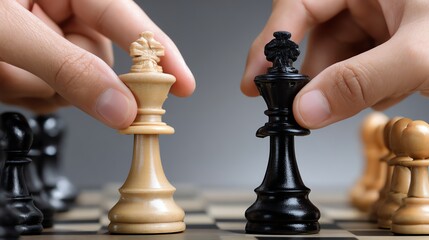 A close-up of hands making a strategic move in a chess game, showcasing the intensity and focus of the players engaged in competition.
