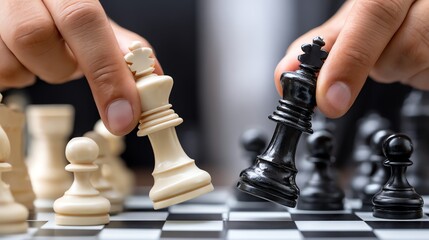 A close-up of hands playing chess, featuring a white and black king piece in an intense game, showcasing strategy and concentration.