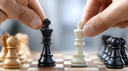 A close-up view of a chess game in progress, showcasing strategic moves between black and white pieces.