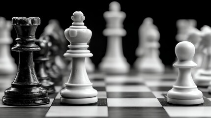 A close-up view of a chessboard featuring black and white chess pieces in a strategic arrangement, emphasizing the game of strategy.