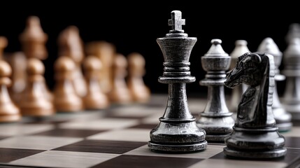 A close-up of a chessboard featuring silver and gold chess pieces, highlighting the strategic nature of this classic game.