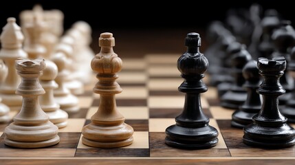 A close-up of a chessboard featuring white and black chess pieces, symbolizing strategy and competition in a classic game.