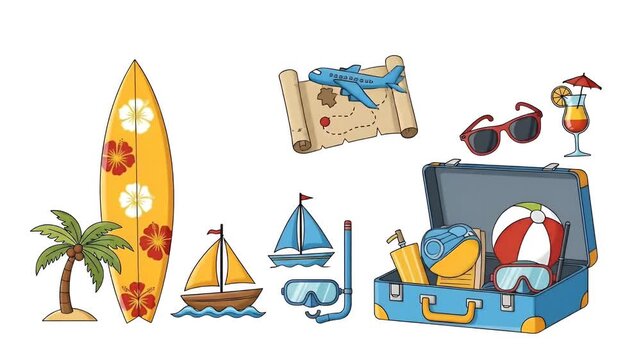 Vacation Travel Items Collection Palm Tree Surfboard Suitcase Airplane