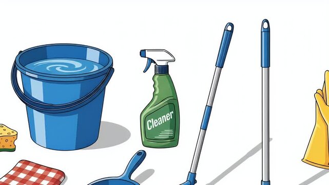 Various Cleaning Supplies Arranged Neatly Isolated on White Background