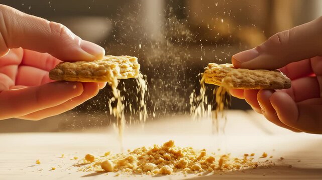Hands Breaking a Cookie in Half and Crumbling It on Table