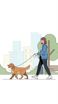 Woman Walks Dog In Park With City Buildings Background