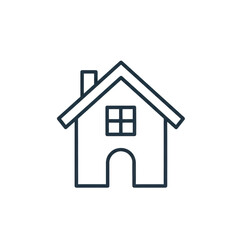 Fototapeta premium Geometrically precise, navy blue monoline vector icon depicting a minimalist house outline with a pitched roof and chimney, isolated against a white background, concept for ui/ux design and real
