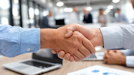 A close-up of a professional handshake, symbolizing partnership and agreement in a business environment.