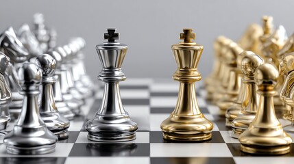 A close-up view of metallic chess pieces on a board, showcasing a captivating game of strategy and intellect.