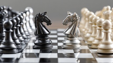 A close-up view of a chessboard featuring black and white chess pieces, highlighting strategy and competition in gameplay.
