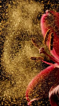 Captivating Lily Flower Pollen Bursting In Dynamic Motion On Black Background