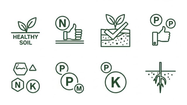 Vector icon set illustrating crucial elements for soil health and optimal plant nutrition, highlighting essential minerals like nitrogen, phosphorus, and potassium for sustainable agriculture