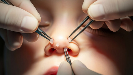 Nasal polyp removal Close up of medical tweezers placing small white balls on a human nose