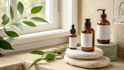 Natural Skincare Products on Stone Display
