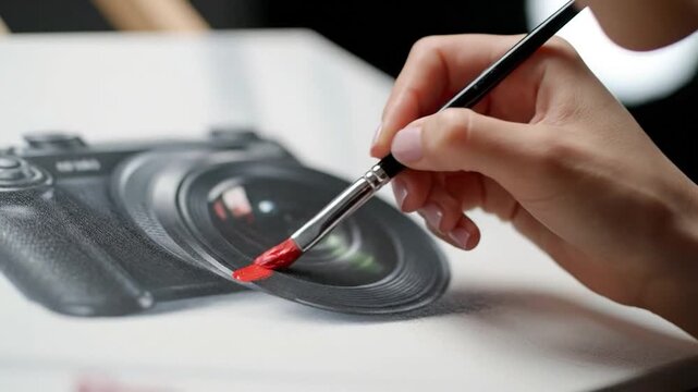 A hand paints a red dot on a canvas depicting a camera lens