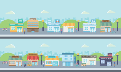 人通りのある商店街の街並みイラスト – ローカルビジネスと日常風景 © Hoshiyui