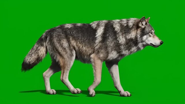A majestic grey wolf walking on a solid green background, perfect for visual effects and animation projects