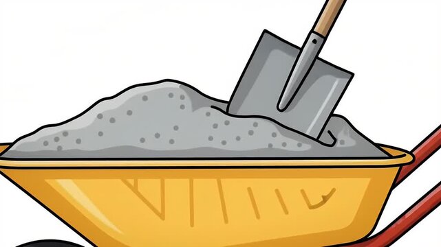 Yellow Wheelbarrow Filled With Sand and Shovel on White Background