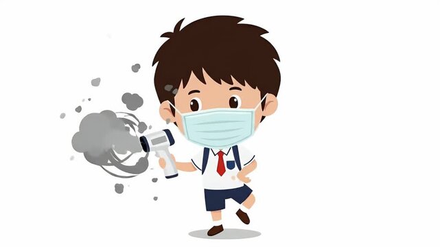 Young Boy Wearing Face Mask Holding Thermometer and Spraying Antiseptic