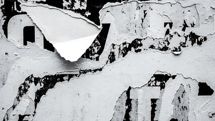 Torn paper texture with abstract shapes and visible text fragments