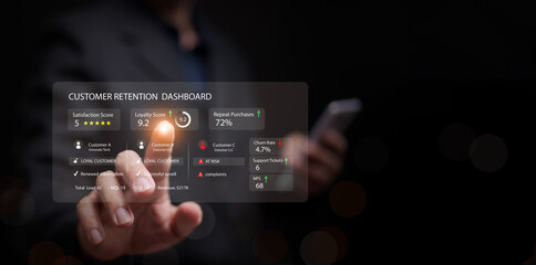 Customer relationship management. Businessman using client retention dashboard. User loyalty score, consumer satisfaction metrics, churn rate. CX, subscription business, and loyalty analytics.