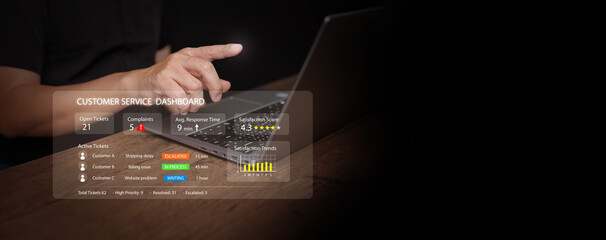 Customer relationship management. Businessman uses user service dashboard on laptop. Digital consumer support system, complaint management, and real-time client experience analytics in business.
