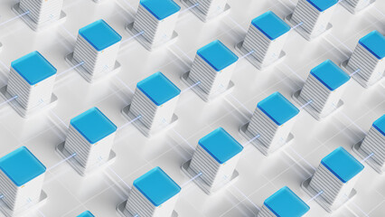 Top-down view of interconnected server units forming a precise grid pattern