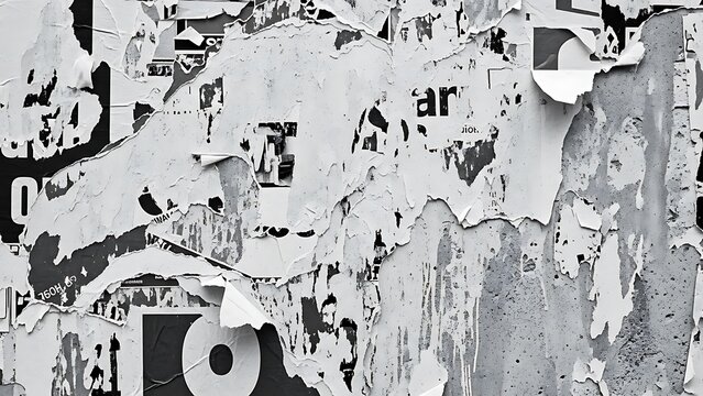 Grungy torn paper posters and advertisements layered on a wall