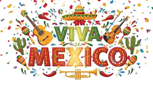 Viva Mexico Fiesta Celebration with Sombrero Guitar Violin Trumpet Cactus
