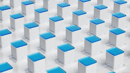 Interconnected server blocks forming a layered data grid, symbolizing cloud computing