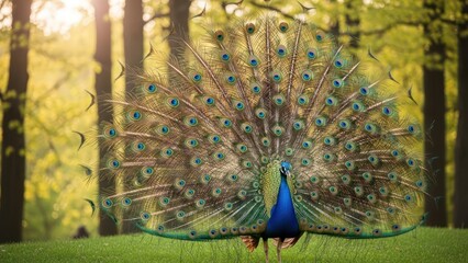 Vibrant peacock displaying extravagant plumage in a serene forest backdrop elegance and grandeur
